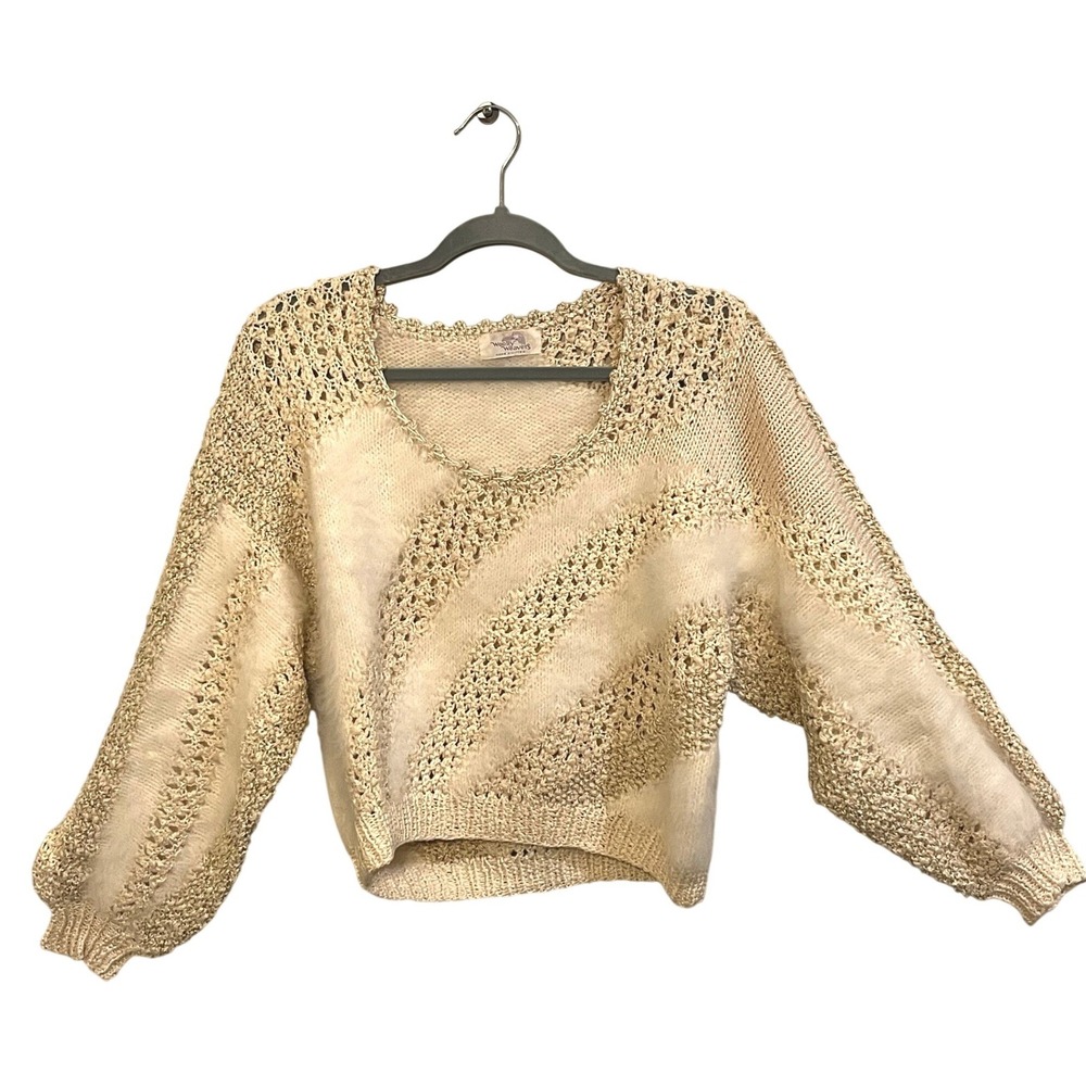 Hand Knitted Cream Gold Metallic Fuzzy Striped Sweater Crop Woolly Weavers Small